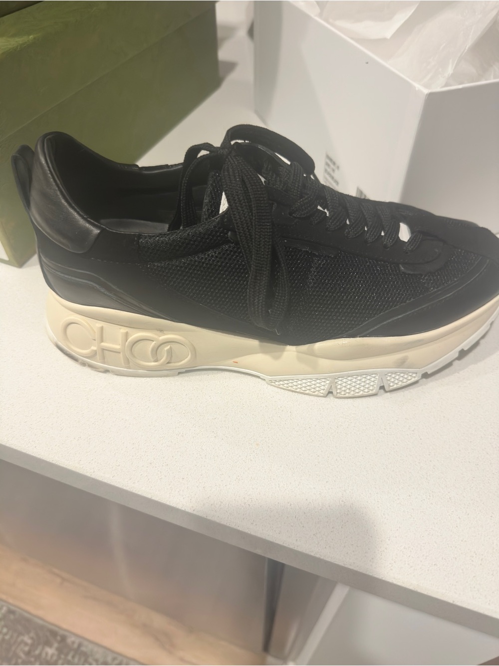 Jimmy Choo Black and Cream Mesh & Leather Platform Sneaker